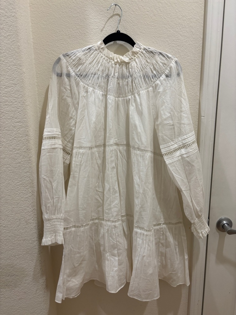 MICHAEL KORS White Smocked Yoke Long Sleeve Dress